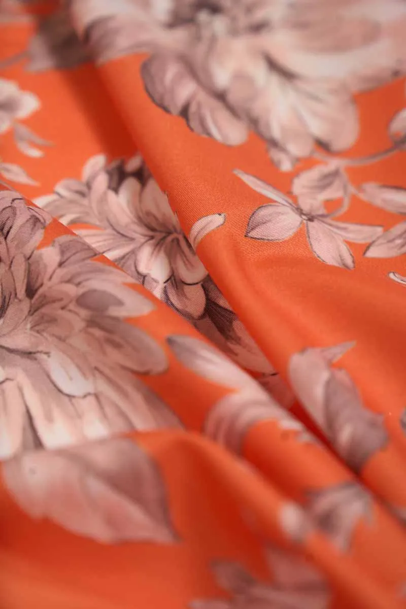 Tangerine Orange Pink Floral Pattern Printed Muslin Fabric