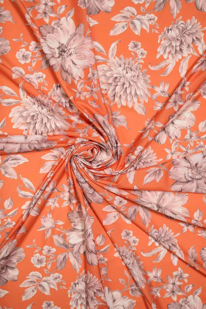 Tangerine Orange Pink Floral Pattern Printed Muslin Fabric