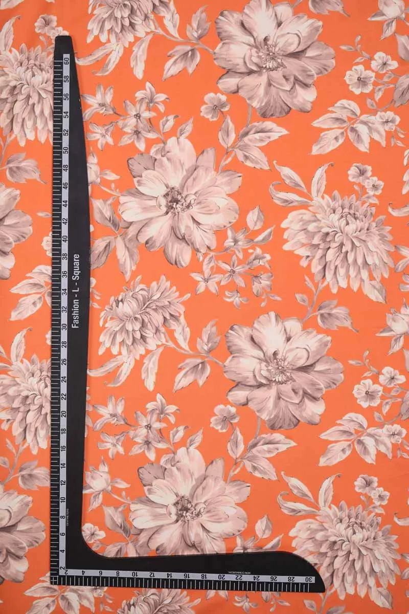 Tangerine Orange Pink Floral Pattern Printed Muslin Fabric