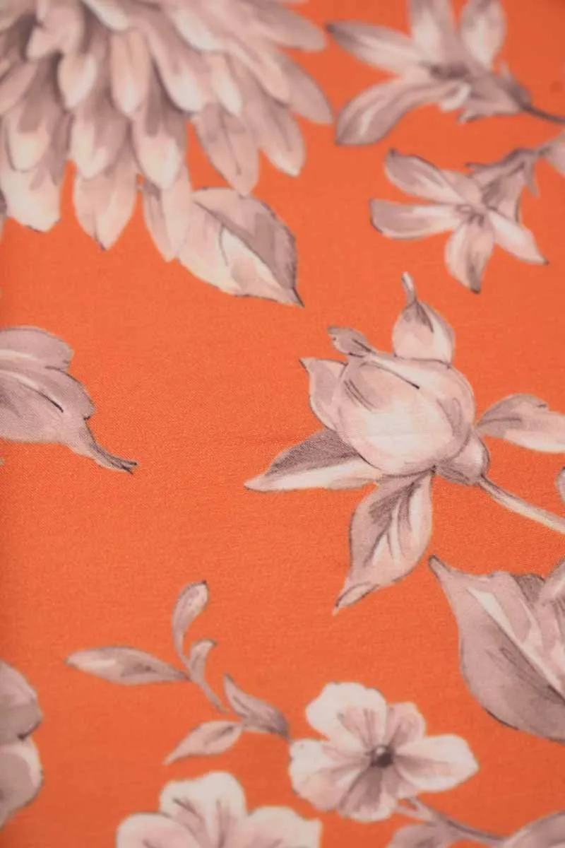 Tangerine Orange Pink Floral Pattern Printed Muslin Fabric