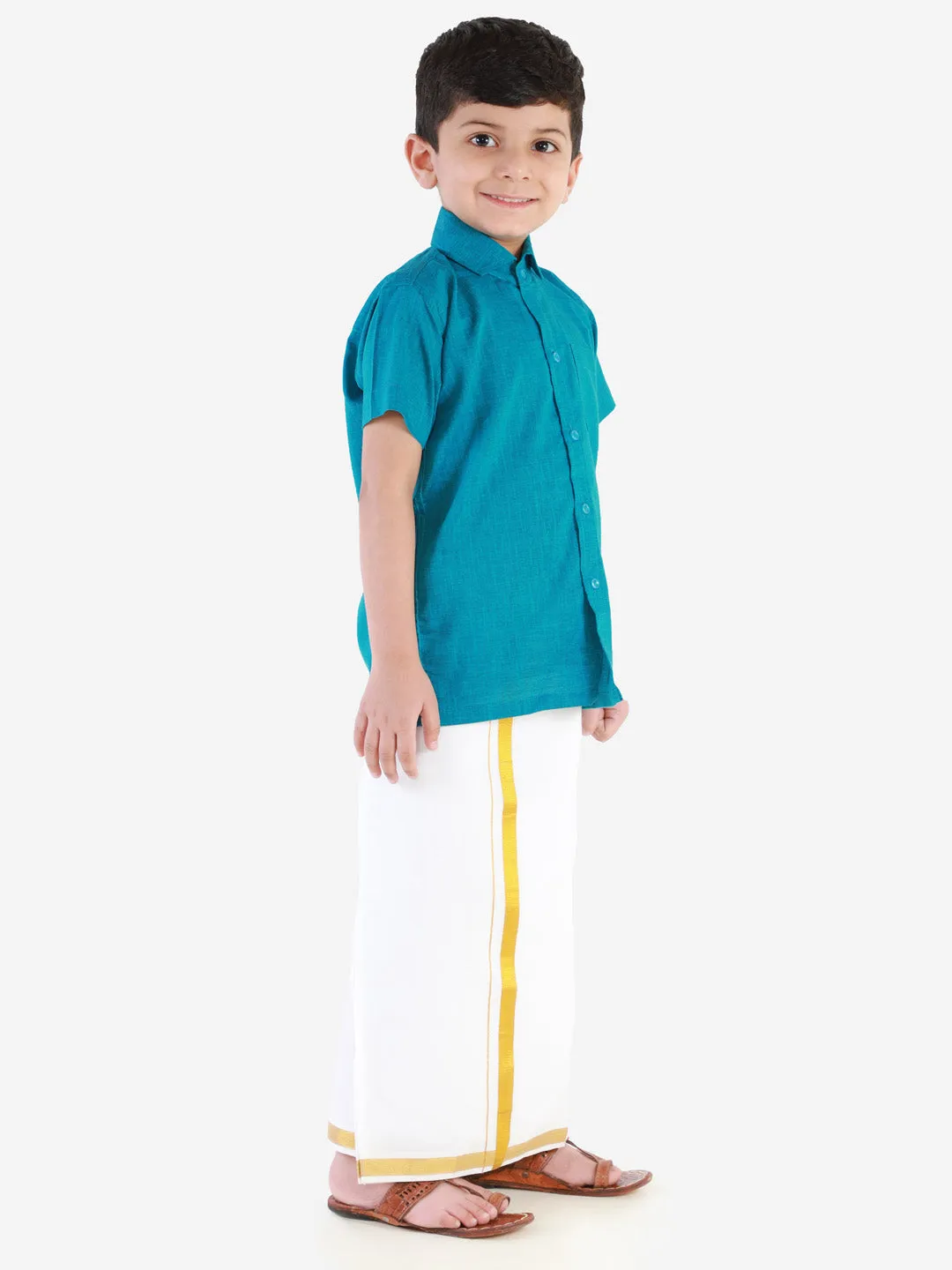 Vastramay Boys' Azure Blue Cotton Short Sleeves Ethnic Shirt Mundu Vesty Style Dhoti Pant Set