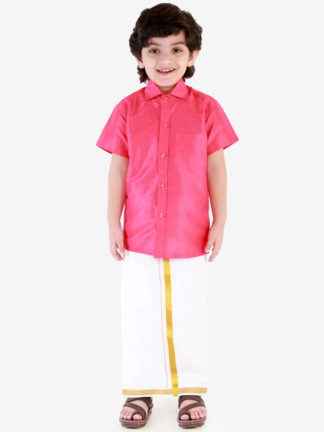 Vastramay Boys' Punch Pink Silk Short Sleeves Ethnic Shirt Mundu Vesty Style Dhoti Pant Set