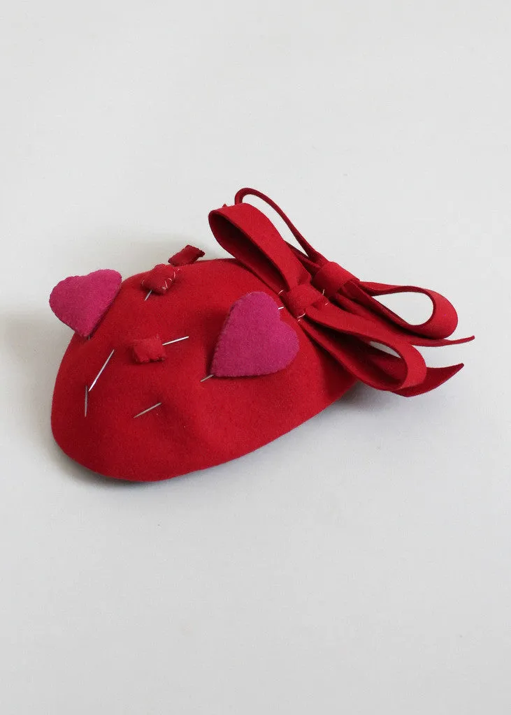 Vintage 1930s Red Bows, Hearts, and Squares Felt Hat