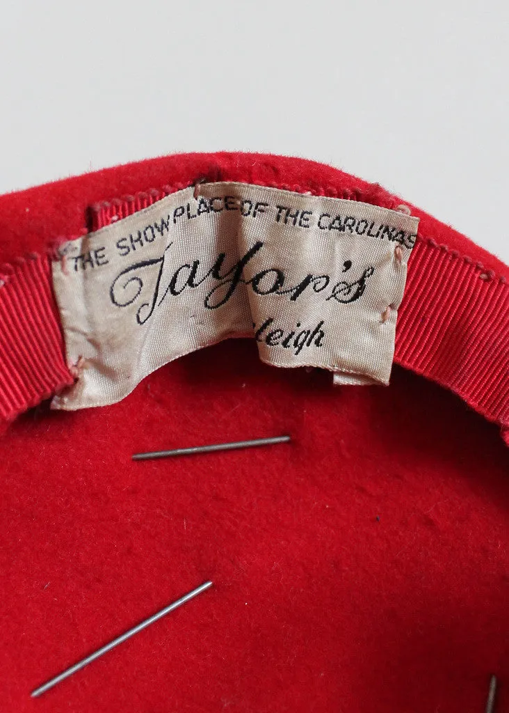 Vintage 1930s Red Bows, Hearts, and Squares Felt Hat