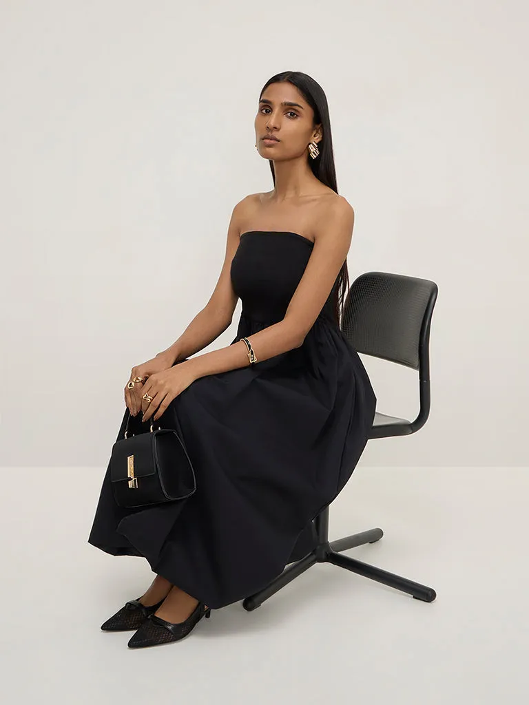 Wardrobe Black Off-Shoulder A-Line Cotton Dress