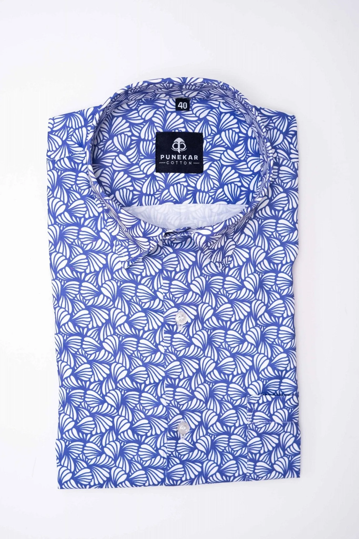 White Navy Blue Color Leaf Printed Shirt For Men