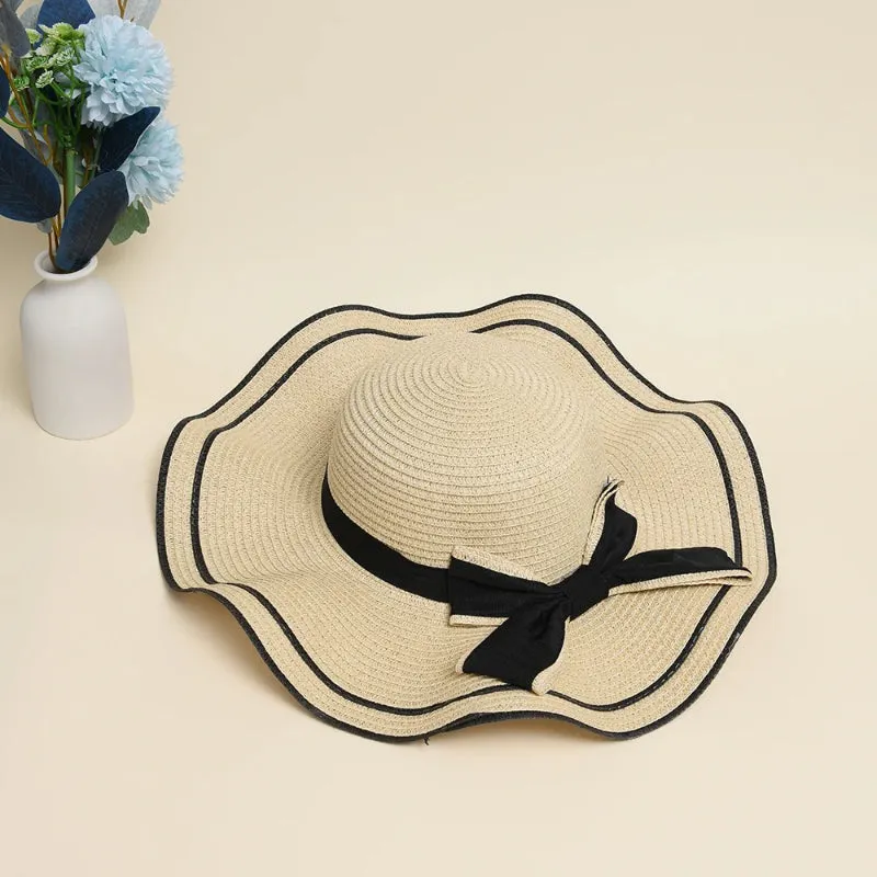 Wide Brim Summer Straw Hat with Bowknot Decor