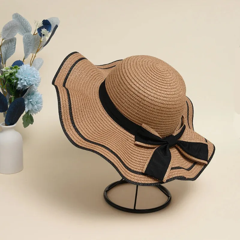 Wide Brim Summer Straw Hat with Bowknot Decor