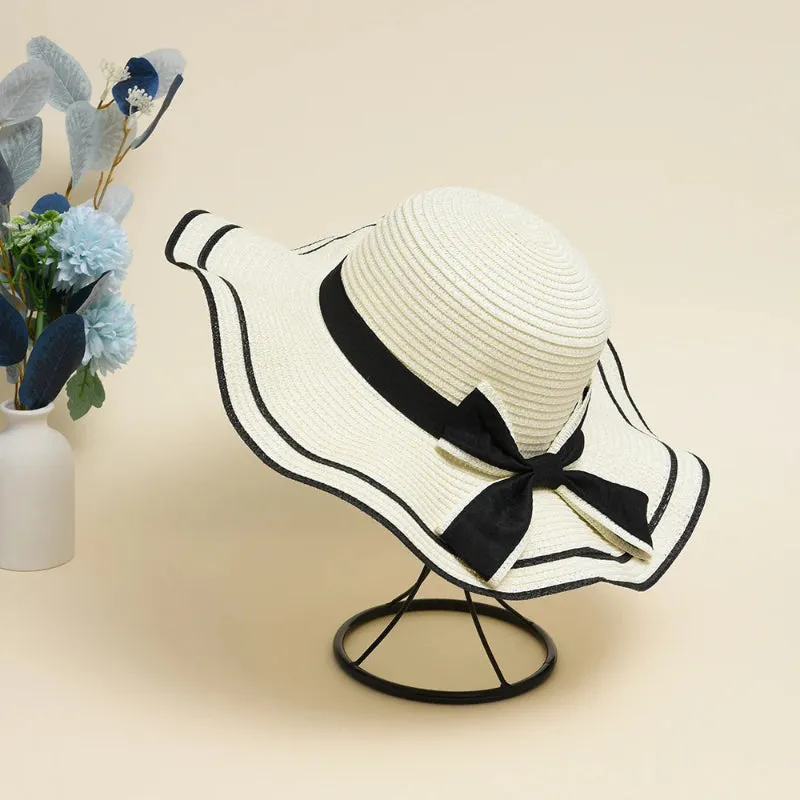 Wide Brim Summer Straw Hat with Bowknot Decor