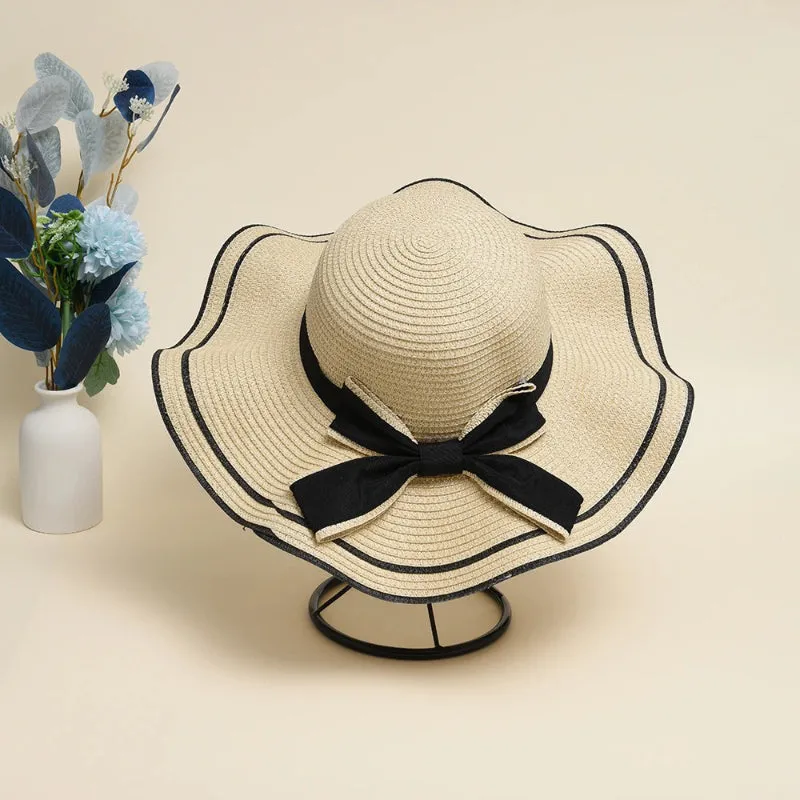 Wide Brim Summer Straw Hat with Bowknot Decor