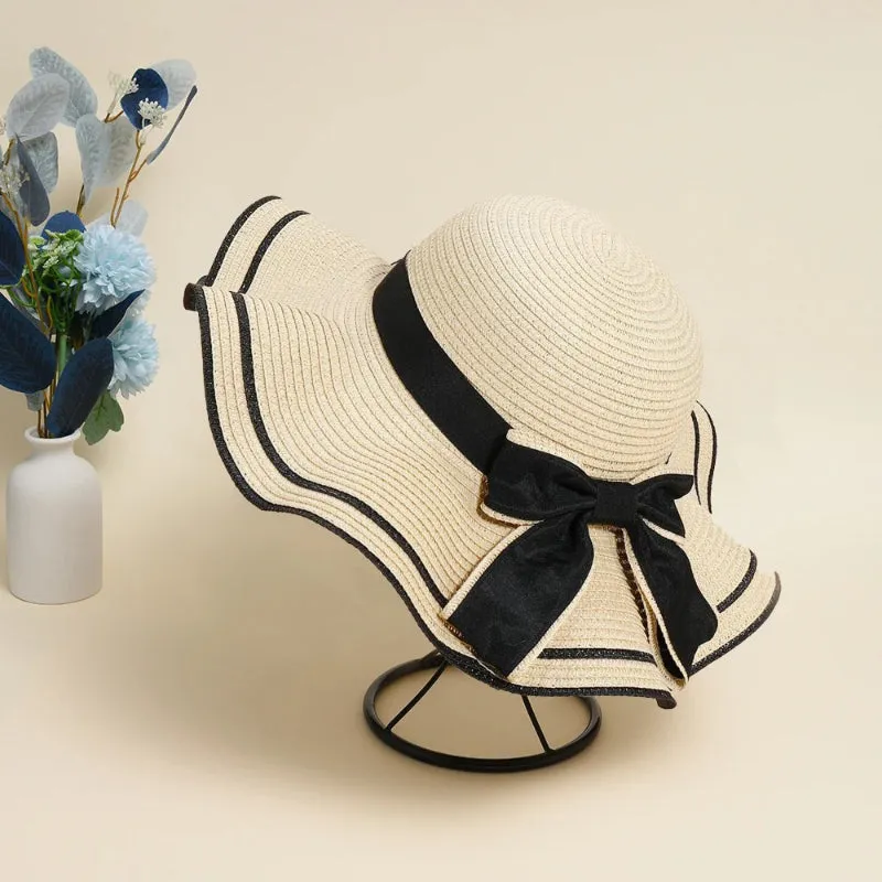 Wide Brim Summer Straw Hat with Bowknot Decor