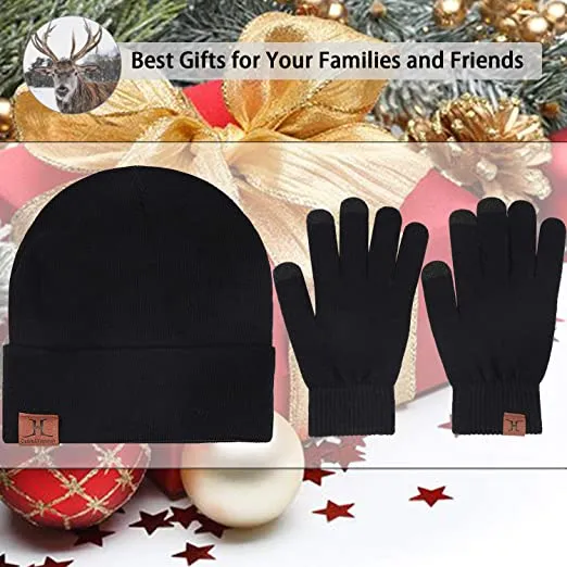 Winter Beanie Hat Scarf Touchscreen Gloves neck warmer Set Black, Soft Skull Cap Gloves Set for Men and Women with Warm Knit Fleece Lined