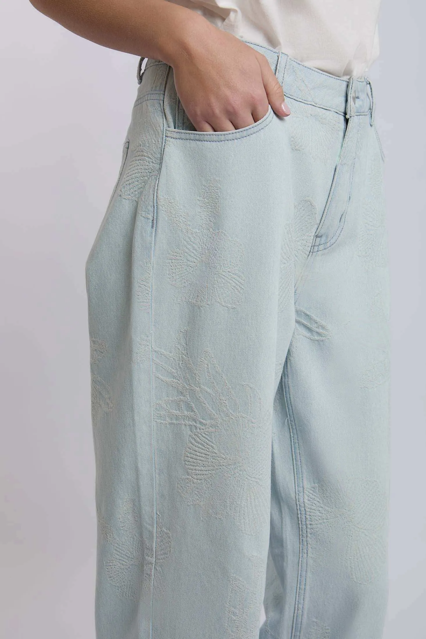 Women Wide Leg Embroidered Denim - Sky Wash