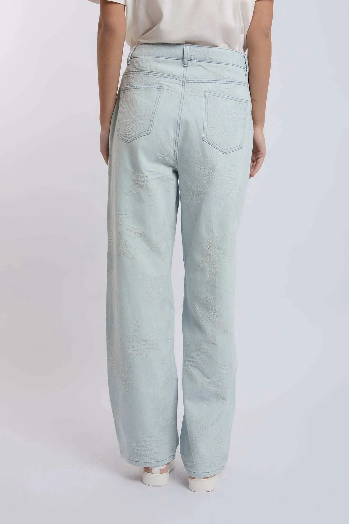 Women Wide Leg Embroidered Denim - Sky Wash