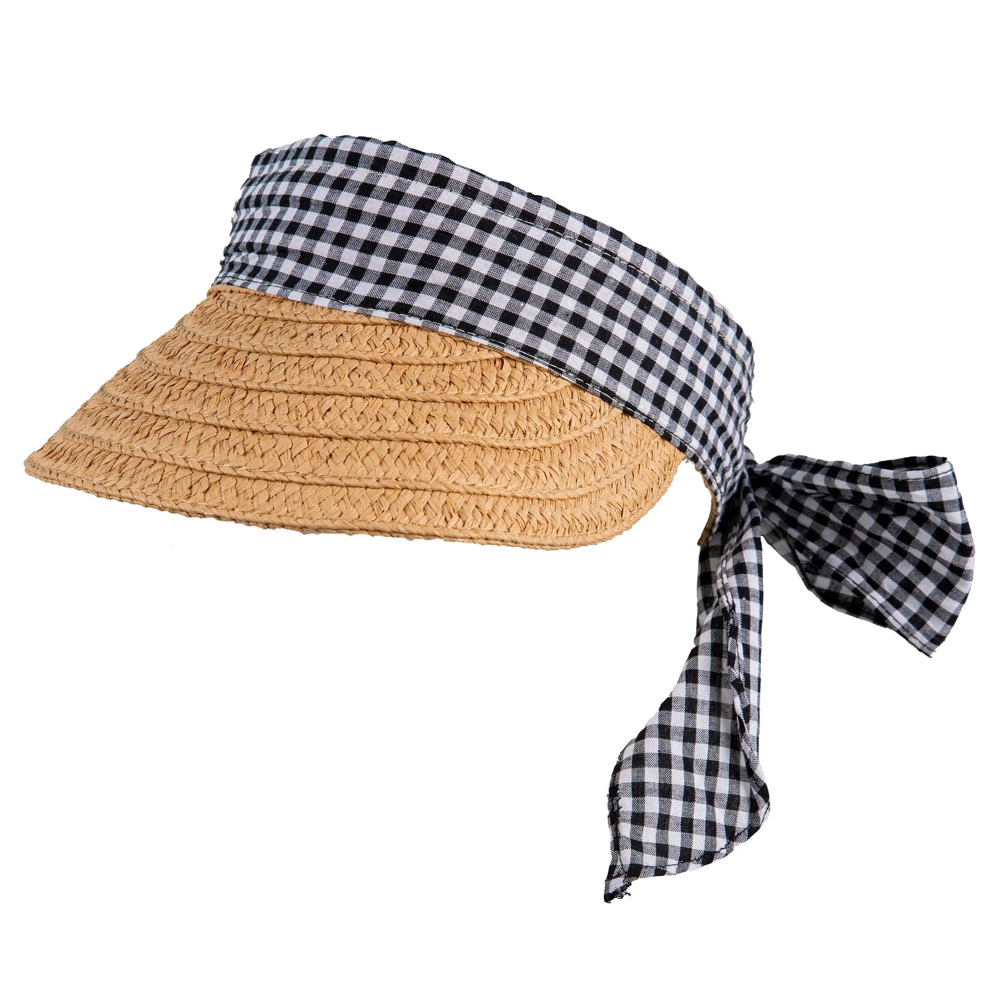 Women’s Straw Sun Visor with Gingham Ribbon Band and Tie