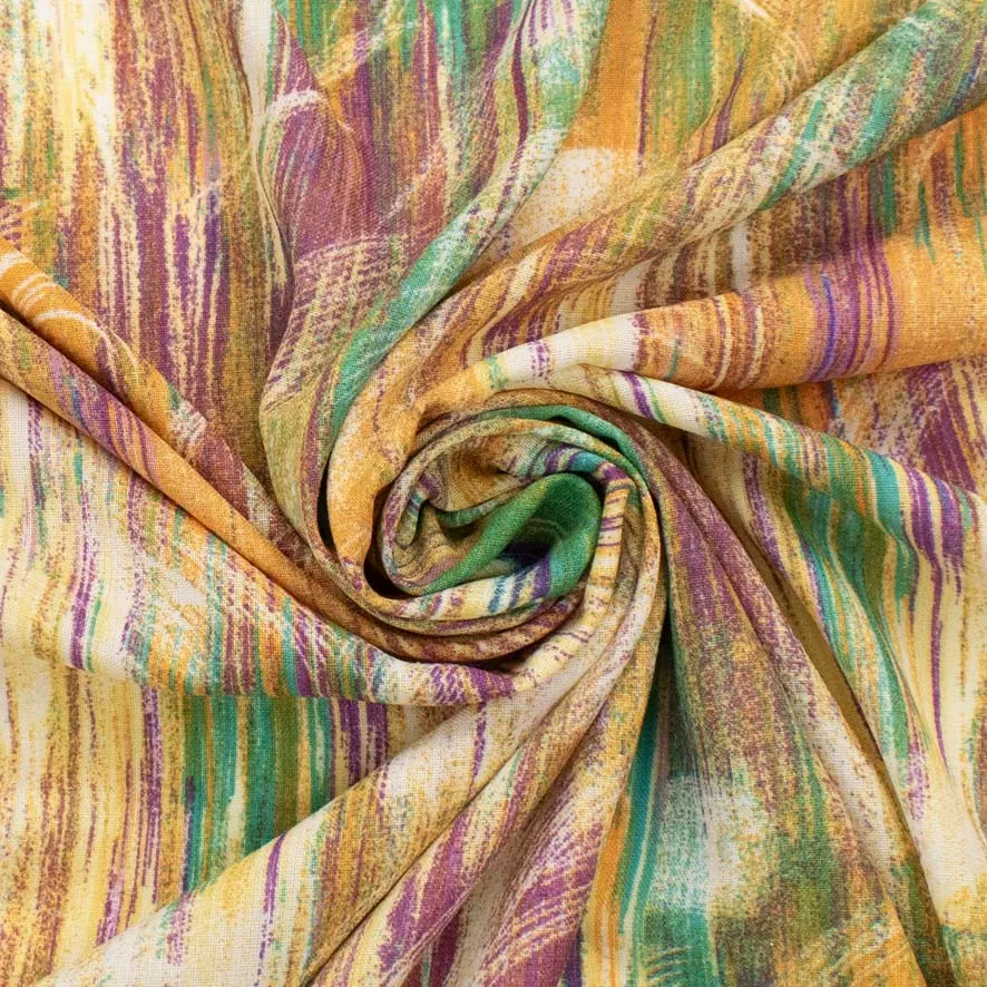 Yellow & Green Abstract Printed Linen Look Crepe